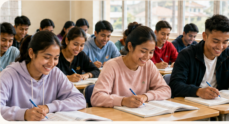 Students studying Japanese at one of our partner language schools in Nepal
